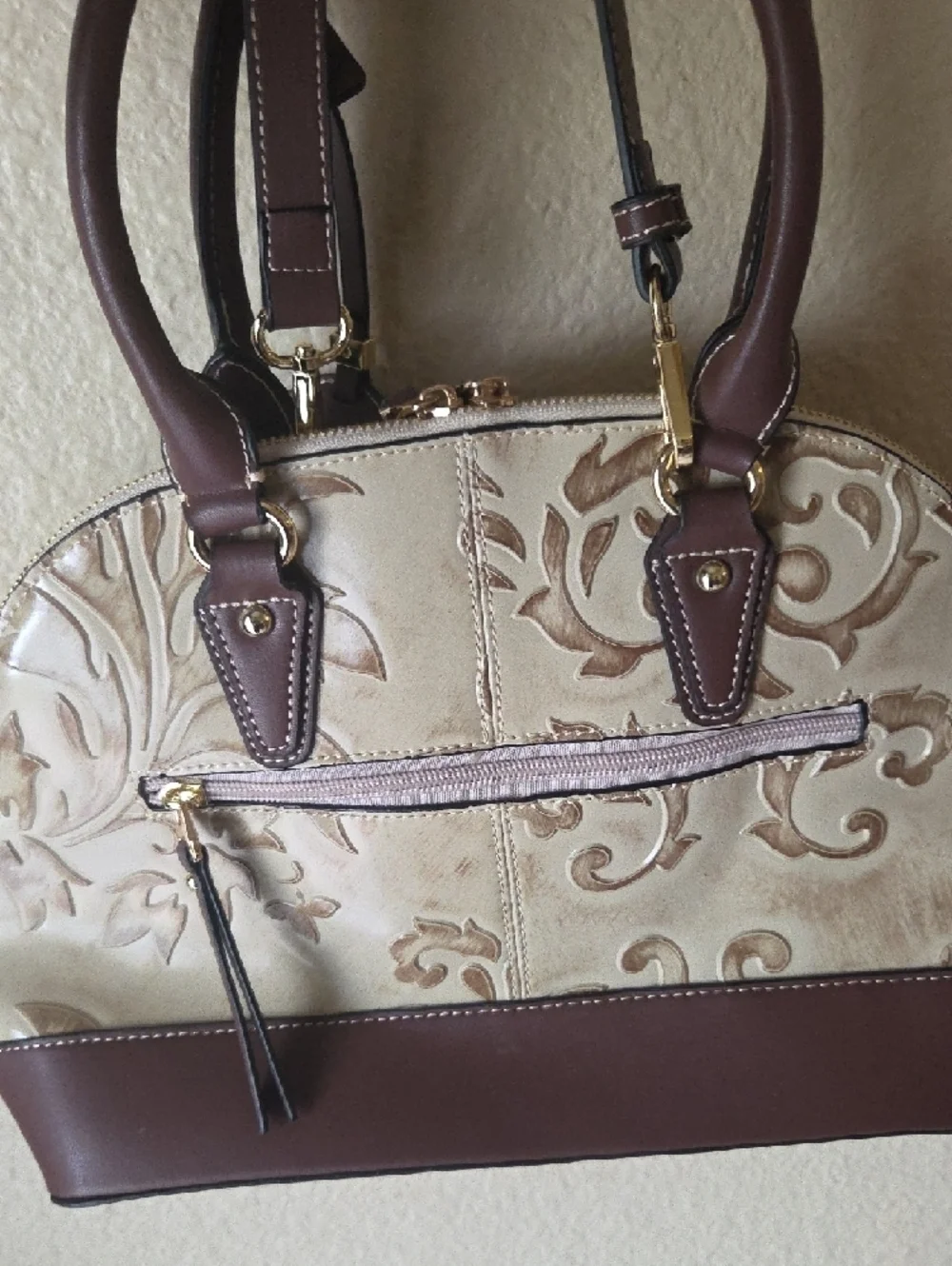 M.C Handbags Embossed Leather Satchel in Beige and Brown.